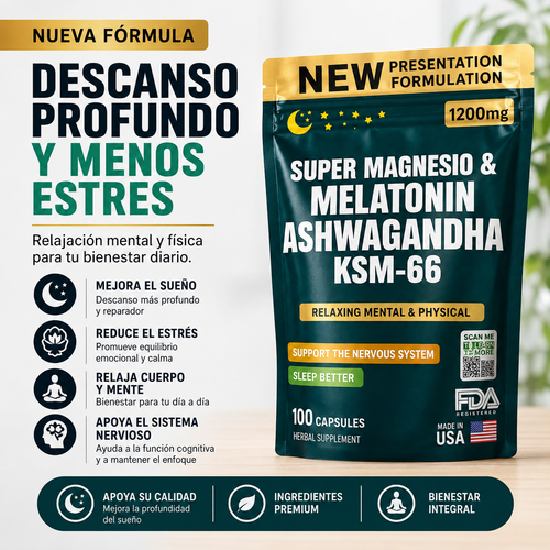 SUPER MAGNESIO & MELATONIN ASHWAGANDHA KSM-66 100 CASPSULAS